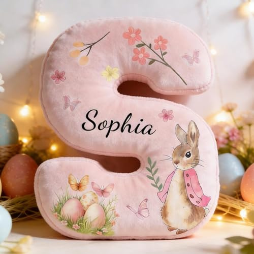 HHLYN14 Personalized Letter Easter Pillow for Kids, Custom Name Alphabet Bunny Cushion, Soft Plush Initial Pillow with Easter Eggs and Spring Floral Design
