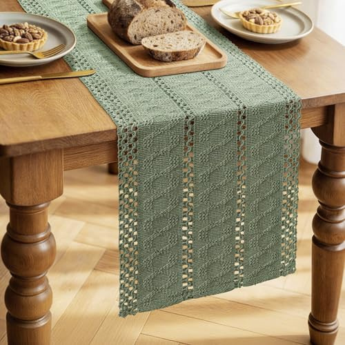Camino de Mesa Verde Salvia, Boho Macramé Algodón y Lino, Estilo Rústico, Mantel Moderno para Mesa de Comedor, Cocina, Bodas, Fiestas y Decoración Festivas, 30 x 140 cm