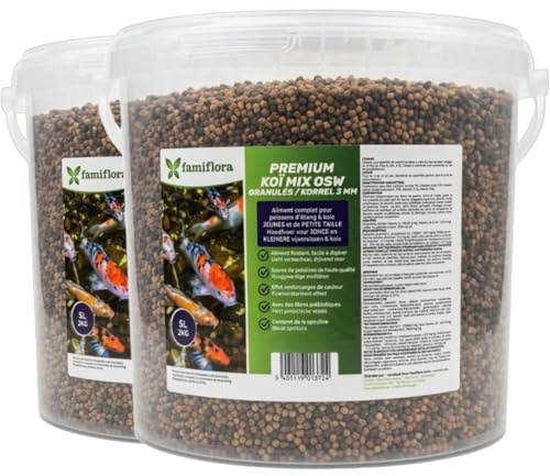 Famiflora Koi Mix OSW Nourriture pour poisson koi - 2 x 5 L (=10 L / 4 KG) - Grain de 3 mm - Nourriture pour koi de qualité supérieure - Avec astaxanthine pour des couleurs intenses - Favorise une