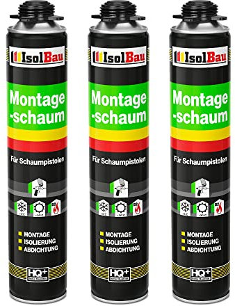 Isolbau - Bauschaum Montageschaum 3 x 750 ml PU-Schaum 1K Pistolenschaum Zargenschaum - Isolierung Abdichtung für Innen und Außen