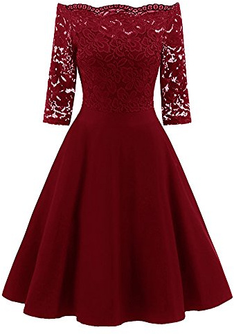 AnyuA Robes Soirée Dentelle Épaules Dénudées Femme Vintage Retro Robe Col Bateau Manches 1/2 Robe Taille Haute Vin Rouge XL