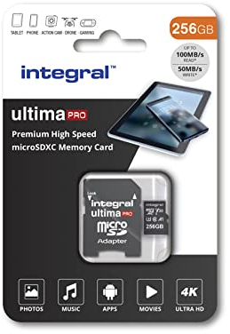 Integral 256GB microSD Card Premium Alta Velocidad Tarjeta de Memoria Vídeo 4K - Hasta 100MB/s lectura y 50MB/s escritura, UHS-I, U3, Clase 10, A1 Rendimiento para app - smartphones, tabletas, drones