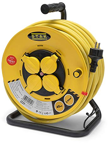 Stak REELPRO-FR-40 Kabeltrommel, professionell, feste Trommel, wasserfest IP44, 40 m Gummikabel, 3G2,5 mm2, für Baustellen, Basteln, Garten 4 Steckdosen, Rahmen aus Stahl, Gelb