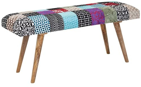 FineBuy Banc Bois Massif et Velours 117x51x38 cm Style Rétro Patchwork | Banquette Tissu Couloir Rembourré | Banc en Tissu Salle à Manger Multicolore | Petit Banquette de Lit