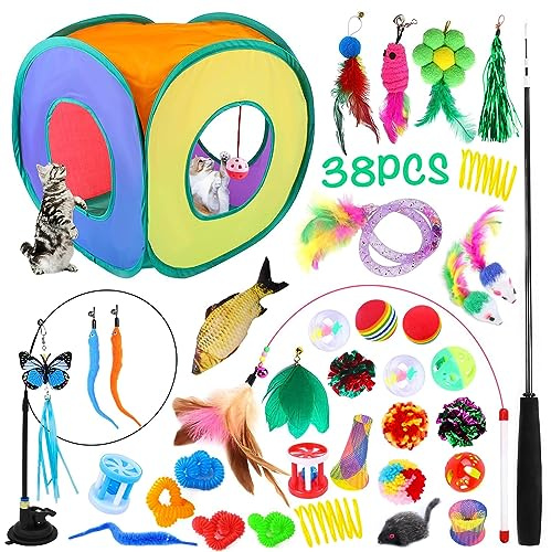 JOTOL Set di 30 giocattoli per gatti, con tunnel per gatti, piume, peluche, topolini, giocattoli per gattini, cuccioli e gattini