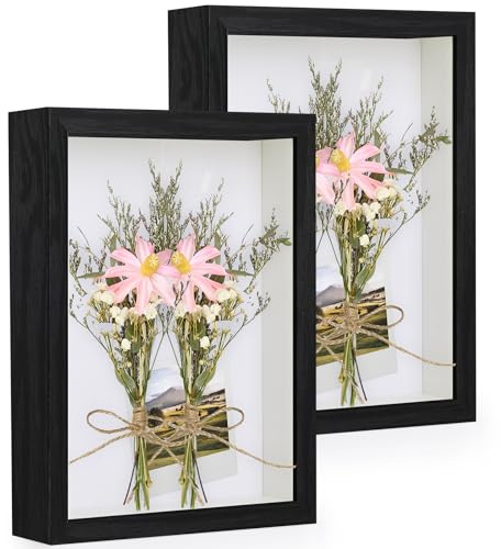 Anhow 3D Marco de Fotos A4, 2 Piezas Multiples 20x30 cm Marcos con Profundidad 3cm con Lámina Vaso Transparente - Negro/ 2 Piezas