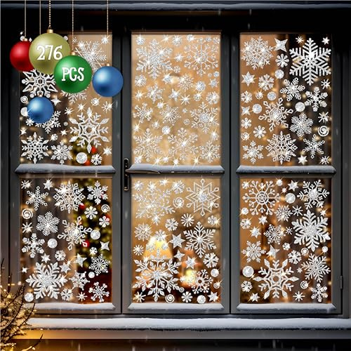 276PCS Pegatinas de Ventana con Copos de Nieve Brillantes, 35+ Diseños Adhesivos Estáticos de Doble Cara Decoración de Ventanas Adornos Navideños Suministros de Fiesta de Invierno Reutilizables