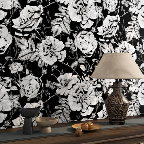FunStick Papier Peint Fleuri Noir et Blanc Papier Peint Adhesif Mural Noir et Blanc Fleur Vinyl Adhesif Noir Papier Adhesif pour Meuble Cuisine Salle de Bain Fleurs Gothique Noir Décoratif 44.5CM×3M