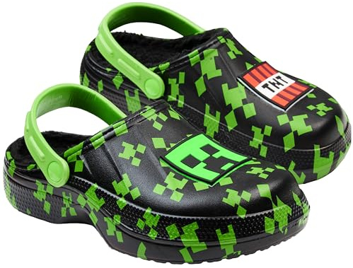 MINECRAFT Zoccoli Bambino con Fodera in Pile e Adornini, Creeper Ciabatte Invernali Ragazzo Calde, Idea Regalo Bambini (Nero/Verde, 30/31 EU)