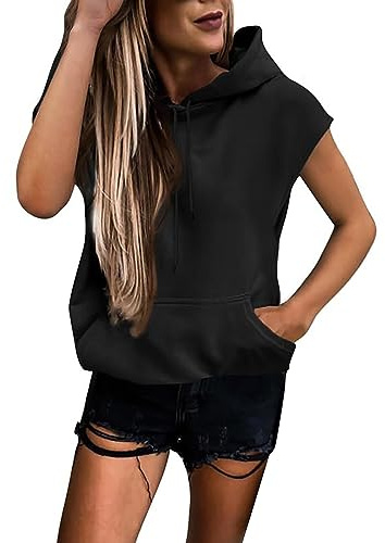 Sweat à capuche sans manches pour femme - T-shirt d'été à manches courtes - Couleur unie - Avec cordon de serrage