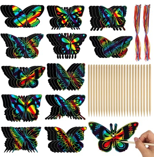 48 Pcs Butterfly Scratch Art for Kids, 12 Styles Rainbow Scratch Paper, Magical Etch Art Kids, Scratch Painting with Wooden Sticks and Ribbons for DIY Crafts, Birthday, Party