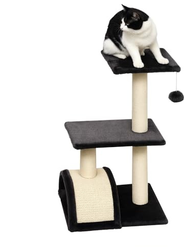PawHut Albero Tiragraffi per Gatti a 3 Livelli 72 cm con Tappetino Tiragraffi ad Arco, Albero per Gatti Multilivello, Trespolo per Gatti con Pallina in Legno, Peluche e Sisal, Grigio