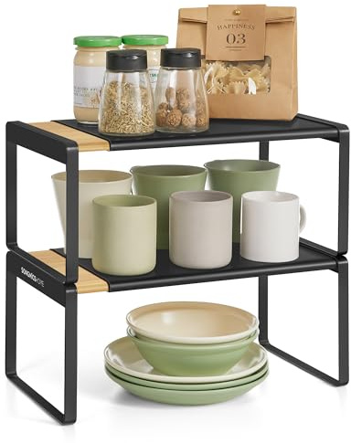SONGMICS HOME Gewürzregal, 2er Set, ausziehbar, Küchen-Organizer, Küchenregal, Schrank-Organizer, Gewürzhalter, Küche, kleines Regal, stapelbar, Tisch-Organizer, naturbeige-tintenschwarz KCS051B01