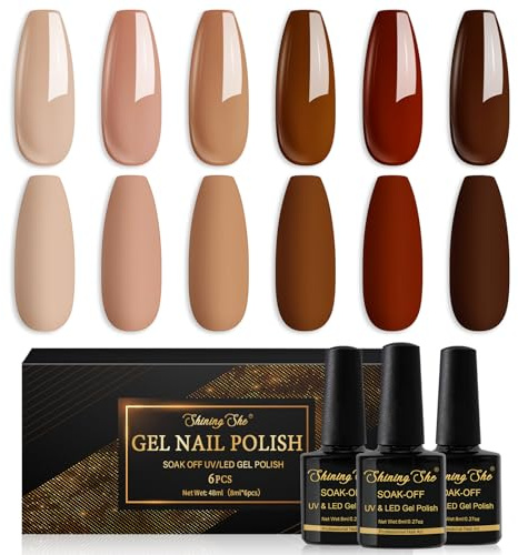Shining She Gel Nail Polish, 6 Colours Nude Khaki Red Dark Brown Gel Polish Set Soak-Off UV/LED Autumn Winter Nail Polish Gel for Nail Art Salon DIY at Home, 8 ML