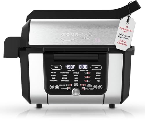 Foodgenie Gourmax Pro One Cooking Device - All-in-One Oven, Smokeless Grill, Air Fryer, Griddle, Cooker & More – 16 Preset Functions, Smart Temperature Control, Dual Surface, Dishwasher Safe, 1500W