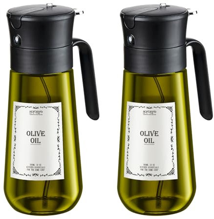 hoforife Lot de 2 flacons distributeurs d'huile d’olive 2 en 1, en verre, 550 ml, pour huile alimentaire, cuisson, friteuse à air chaud (bloquer la lumière)