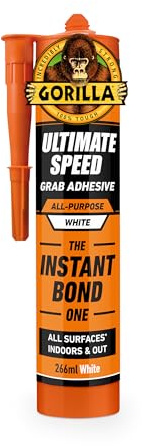Gorilla Ultimate Speed Grab Adhesive, 266ml – Our Fastest Grab, Instant Hold, High Strength, 100% Waterproof, Withstands Extreme Temperatures, Gap Filling | Use On Metal, Wood, Granite, Brick, Stone