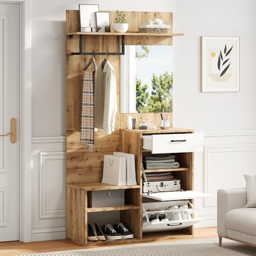 PUGSDRLY Ensemble de vestiaire Comprenant Un Miroir 100 * 38.5 * 190cm, Un Tabouret à Chaussures, Une Armoire à Chaussures, Une Armoire d'entrée, des étagères suspendues,White+Natural