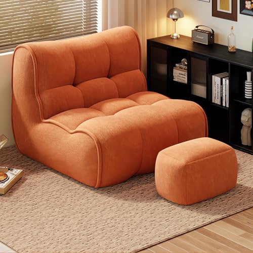 LYHOE LIVING Sillón Puff Moderno de Salón con Reposapiés, Sofá Puf de Tela Chenilla Suave, Relleno de Espuma Alta Elasticidad, Diseño Sin Estructura para Dormitorio y Sala de Estar (Naranja)