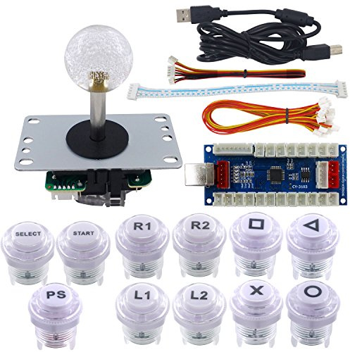 SJ@JX Arcade Game Stick DIY Kit Buttons with Logo 8 Way Joystick USB Encoder Cable Controller for PC PS3 PS2 MAME Raspberry Pi White