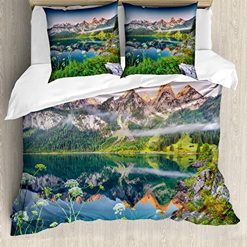ABAKUHAUS Natur Bettwäsche Set für Doppelbetten, Österreichische Alpen Berg, Weicher Microfaserstoff Allegigeignet kein Verblassen,Grün Blau