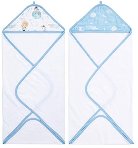 aden + anais essentials 100% Cotton Hooded Towel for Boys & Girls, Soft Baby Bath Towel, Towel Wrap for Kids, Toddlers & Infants, Best Idea, 2 Pack, space explorers 76x76cm, EHTC20021B