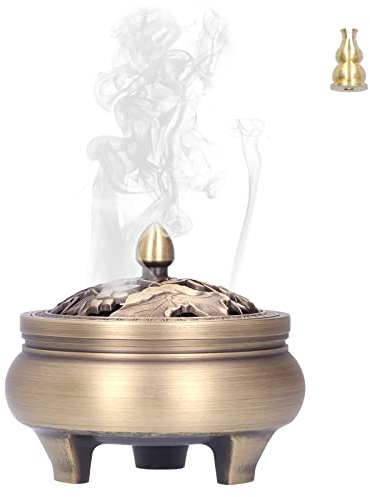 GAESHOW Messing Weihrauchbrenner, Räucherschale mit Deckel, Antiker Messing Räuchergefäß für Kohle, Räucherstäbchen, Räucherkegel, 3 Beiniges Weihrauchbrenner für Buddha Ornament Home Decoration