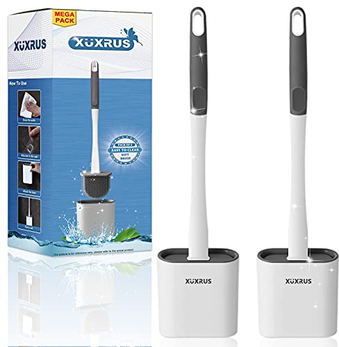XUXRUS Silicone Toilet Brush with Quick Drying Holder Set -2Pack, Bathroom Toilet Brushes Set with No-Slip Silicone Handle & Anti-drip Base (Flooring/Wall Mounted) -White