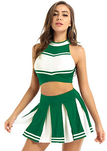 Hedmy Damen Cheerleading Cosplay Uniform Ärmellos Bauchfrei Oberteil mit Mini Faltenrock Halloween Fasching Karneval Verkleidung Grün S