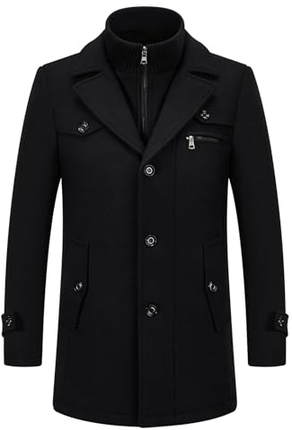 KUDORO Herren Wintermantel Wolle Kurzmantel Herren Wollmantel Mittellang Peacoat Herren Casual Slim Fit für Business Freizeit(Schwarz2,L)