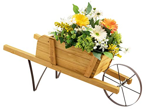 RELAX4LIFE Brouette Jardin Décorative en Bois, Pots de Fleurs avec 9 Accessoires d'Aimants Roues Métalliques Longue Poignée, Décoration de Jardin Rustique pour Cour Jardin Véranda (Naturel)
