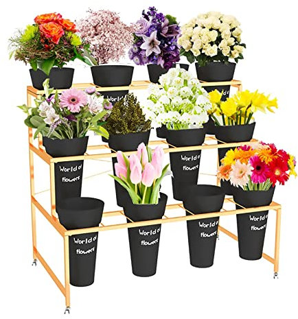 FPIGSHS Présentoir à Fleurs avec seaux - 3 Niveaux 12 seaux, Support pour Plantes, présentoir Mobile de Magasin de Fleurs avec Roues,pour intérieur extérieur Patio Jardin, Salon, Fleuriste (A)