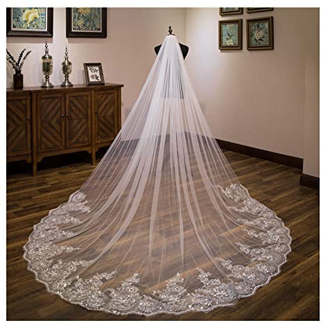 SHTGOI 3M Lange Hochzeitsschleier Kirche Hochzeit Brautschleier Tüll Kante Appliques Schleier mit Kamm Spitzen -Pailletten Softtüll für Braut Fotostudio Hochzeitskleid Zubehör Elfenbein