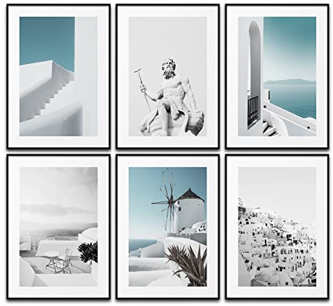 Print4Look Aesthetic Santorini Wandbilder Wohnzimmer Poster Set Griechenland Weiß Gold Wanddeko Bilder Schlafzimmer Deko (6x DIN A4 (21 x 29,7cm))