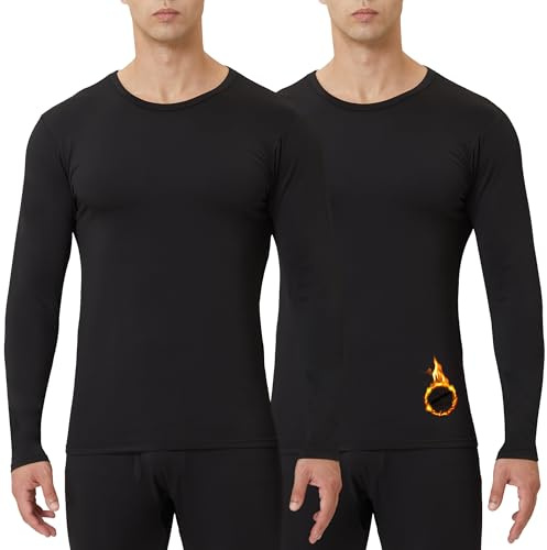 CL convallaria 2 or 4 Pack Mens Thermal Underwear Shirt Fleece Lined Base Layer Tops Cold Weather Athletic Sport Gear 2pc Black-Black XL