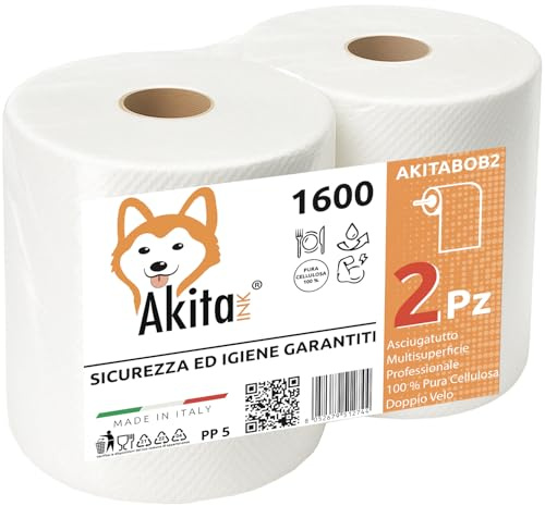 2 Rotoli Carta Asciugatutto 1600 Lunga Durata Extra Resistente Bobina carta Asciugatutto 2 veli pura cellulosa Microgoffratura Rotoloni asciugatutto uso alimentare casalingo industriale