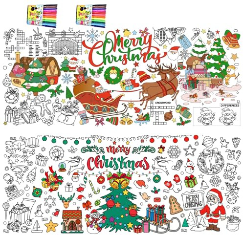 Färgbordsduk papper 2 stycken bordsdukar för jul, pappersduk för färgläggning, stor färg, julduk, barn, jul, hantverk, present, juldekoration