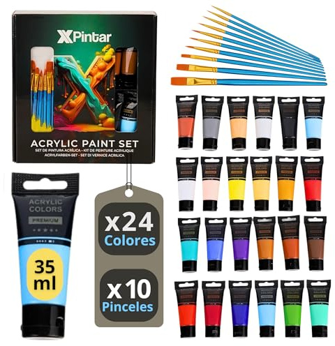 XPintar Kit Pintura Acrílica 34 Piezas - 24 Tubos de Pinturas Acrílicas 35 ml Colores Vibrantes Impermeables + 10 Pinceles variados - Set Manualidades para Niños y Adultos para Pintar en Lienzos