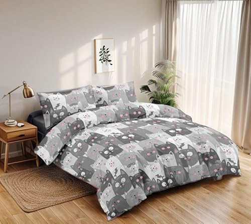 Etrexonline Juego de Funda Nórdica 4 Piezas Cama 150 Microfibra Extra Suave Transpirable - 1 Funda Edredón 240x220 cm, 1 Bajera 150x200+28 cm y 2 Fundas de Almohada 50x90 cm (Color Gato Gris)