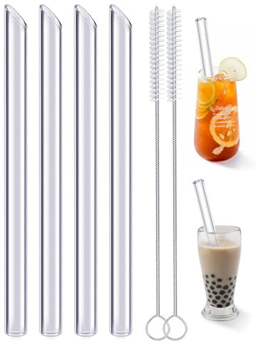 Realure Lot de 4 Paille en Verre Transparente avec Brosses, Verre Paille Bubble Tea Reutilisable de 14mm Large, Grosse Pailles en Vitre de 21.5cm pour Bubble Tea, Smoothie, Cocktail, Jus (Oblique)