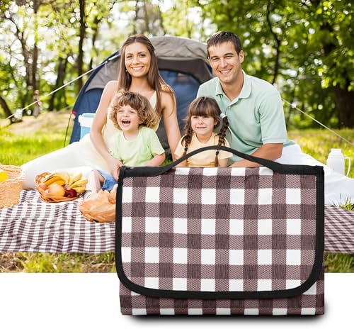oubasang Manta de picnic impermeable, manta de playa, manta de picnic grande, plegable, para exteriores, suelo impermeable con asa, color café, a cuadros, manta de picnic de 200 x 200 cm, para viajes
