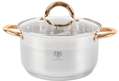 KARL HAUSMANN Pentola in Acciaio Inox per Induzione 4 Litri Ø 22 cm | Casseruola in Acciaio inox Con coperchio in vetro, 4 litri totali, fondo a 3 adatta a Induzione, con Scala Interna