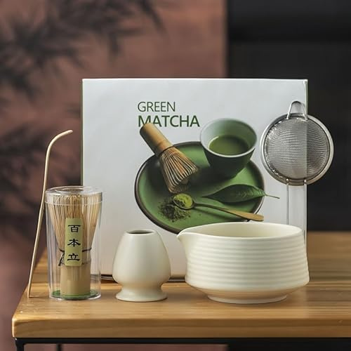 Marjoramy Kit Matcha Premium,Tazón de Cerámica con Pico Vertedor,Batidor de Bambú,Cuchara Matcha y Soporte - Juego de 5 Piezas para Ceremonia del Té Japonés - Accesorios para Amantes del Mat (B)