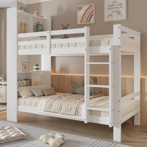 OOIILLEE Lit superposé Enfant 90x200 cm avec étagères et échelle d'angle à Trois marches, lit Coffre, lit superposé 2 Places, Cadre de lit en Bois Massif, Blanc