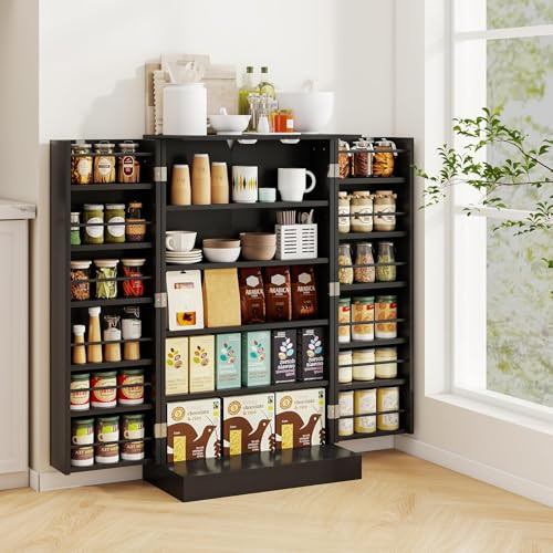 RELAX4LIFE Armadio Alto Portasuperiore 104 CM a 2 Ante con Ripiani Regolabili, Dispositivo Anti-ribaltamento, Dispensa per Cucina, Camera, Garage (NERO)