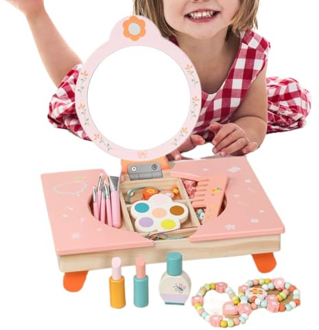 Genérico Tocador De Juguete para Maquillaje | Tocador y Mesa de Maquillaje de Madera con Espejo | Juego De Imitación para Niños con Peine Y Cosméticos - para Cumpleaños, Navidad Y Salón De