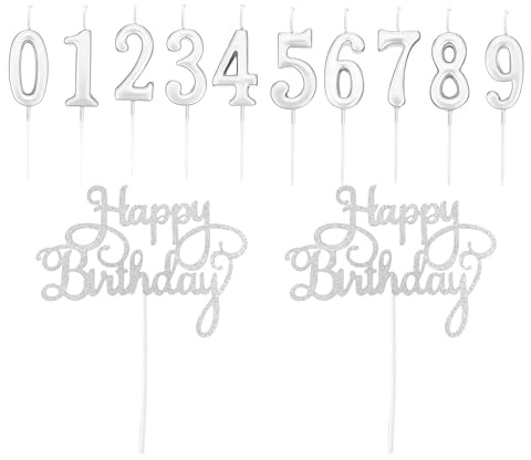 12 unidades número 0-9 cumpleaños números pastel velas,2 piezas de decoración de letras de feliz cumpleaños,Velas de Cumpleaños, para cumpleaños, bodas, aniversarios y fiestas de graduación (Plata)
