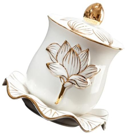 SECFOU Coppa per Offerta Dell'acqua Buddista in Porcellana Fiore di Loto in Rilievo Dorato, Contenitore Ceramico Ritualizzato per Altare e Decorazione Buddista, Set da 1 Pezzo Grande
