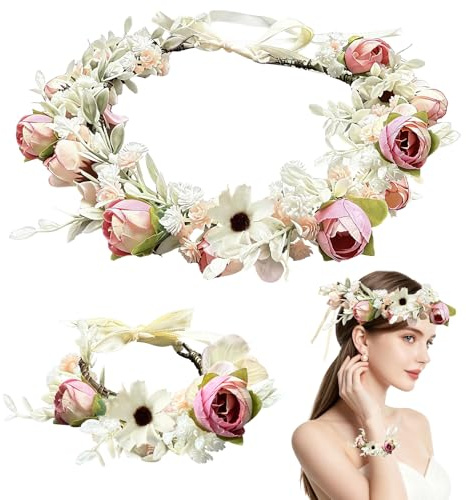 TZEKING Ghirlanda di Fiori e Bracciale Set, Corona di Fiori per Capelli con Fascia Regolabile, Coroncina per Sposa e Damigella, Adatto per Adulti e Bambini, per Matrimonio, Festa, Festival, Spiaggia