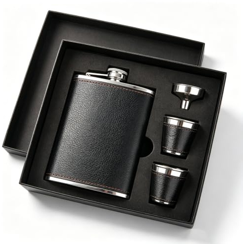Hip Flask Gift Set, Hip Flasks for Liquor for Men with Black Leather Cover, 8 Oz Hip Flask Set, 18/8 Stainless Steel Hip Flasks for Liquor with 2 Cups & Funnel, Flasks for Liquor for Men Gift Box1
